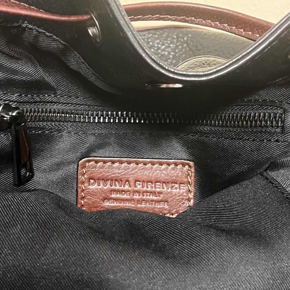 Divina Firenze black & brown leather drawstring bucket bag purse convert xbody - Picture 4 of 11